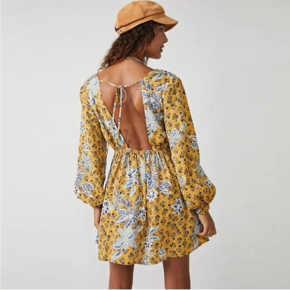 NWT Free People, BEAUTIFUL gold and blue floral dress Size Small - Picture 2 of 10